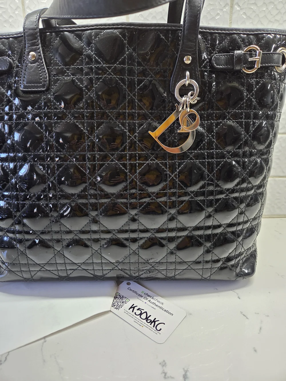 Christian Dior Black Quilted Patent Leather Panarea Medium Tote Bag + COA
